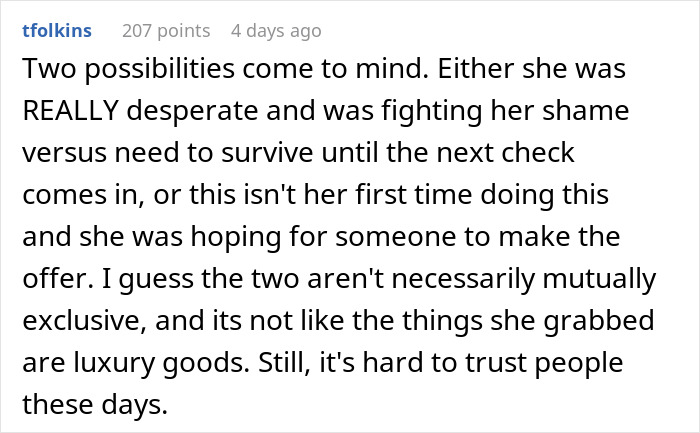 Comment discussing desperation and trust, related to an accidental charity event topic.