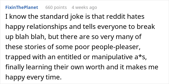 Reddit comment discussing toxic relationships and self-worth, highlighting experiences of people feeling trapped.