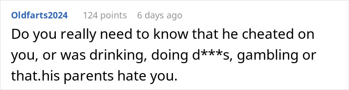 Comment discussing reasons for a breakup, mentioning cheating, drinking, d***s, gambling, and disapproval from parents.