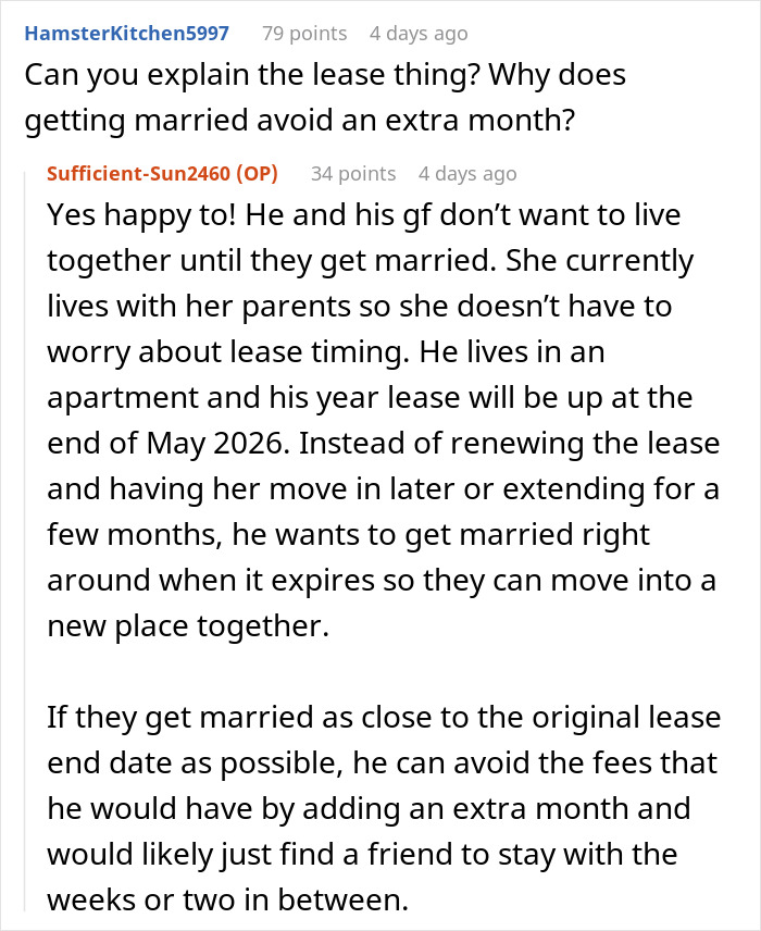 Reddit exchange about a brother planning a wedding to align with lease expiry, affecting sister's honeymoon plans. Reddit exchange about a brother planning a wedding to align with lease expiry, affecting sister's honeymoon plans.