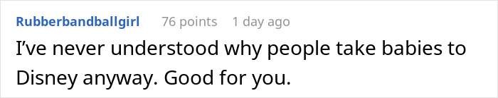 Comment discussing the choice of taking babies to Disney, with a positive remark about vacation spot decision.