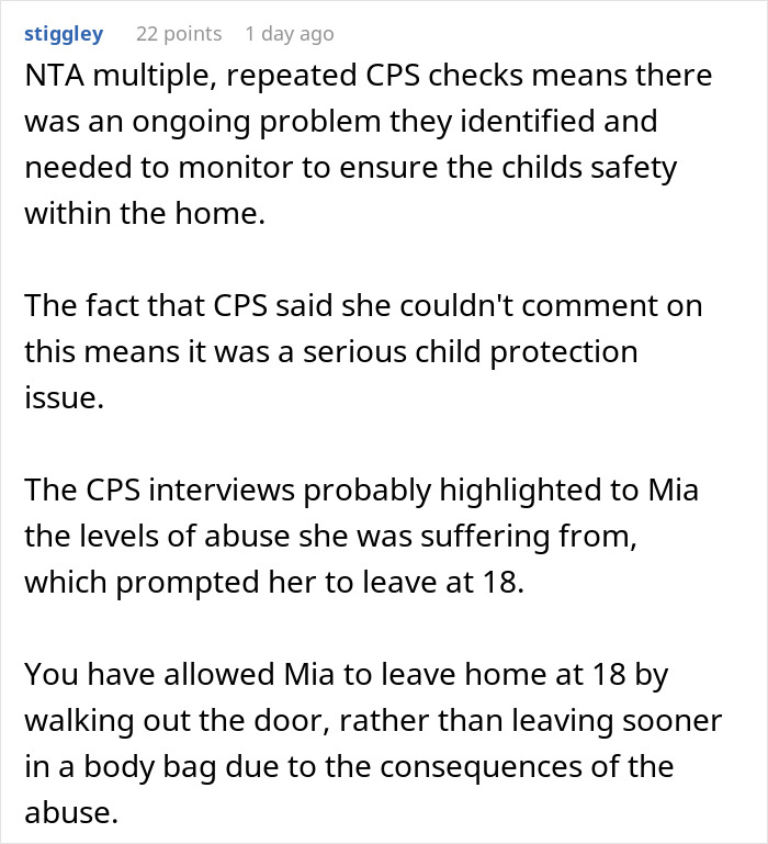 Reddit comment discussing CPS involvement due to parents sharing daughter's eating disorder online, raising child protection issues. Reddit comment discussing CPS involvement due to parents sharing daughter's eating disorder online, raising child protection issues.