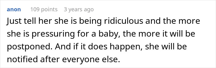 Comment advising how to respond to MIL's baby pressure and plan.