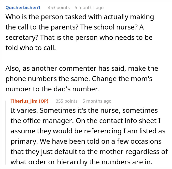 Two Reddit users discuss school emergency contact preferences, highlighting calls to mom over dad. Two Reddit users discuss school emergency contact preferences, highlighting calls to mom over dad.