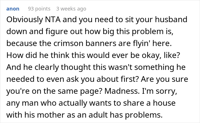 Text on a social post discussing a MIL's planned long-term stay with her son and the ensuing reality check. Text on a social post discussing a MIL's planned long-term stay with her son and the ensuing reality check.
