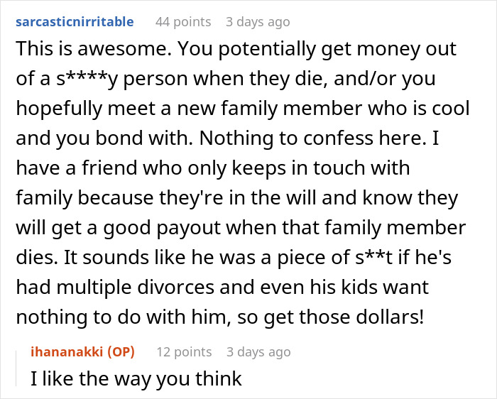 Reddit comment discussing looking up long-lost grandfather to secure inheritance and potential family bond or payout.