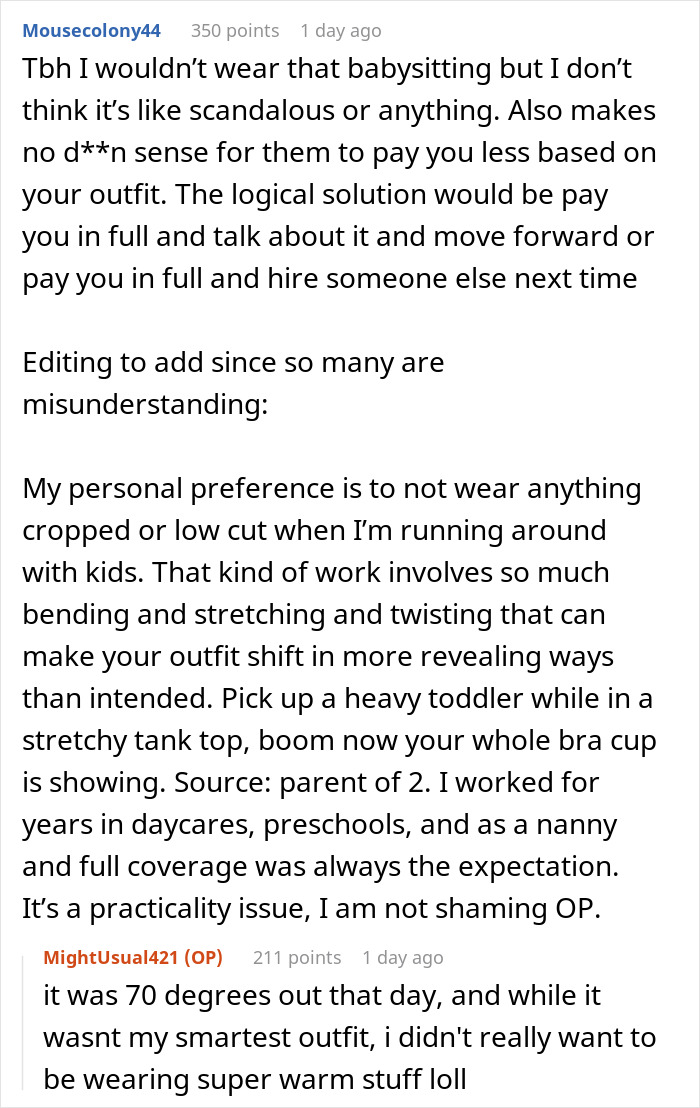 Reddit thread discussing a teen's tank top issues while babysitting for a religious couple. Reddit thread discussing a teen's tank top issues while babysitting for a religious couple.