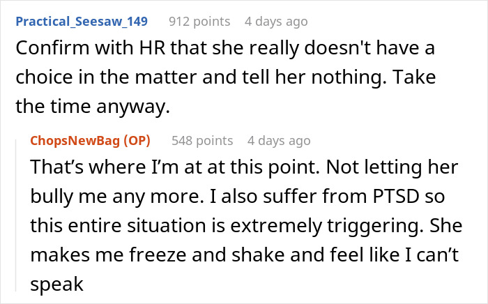 Reddit comments discussing a canceled doctor&rsquo;s appointment by a boss without consent, mentioning PTSD and HR involvement.