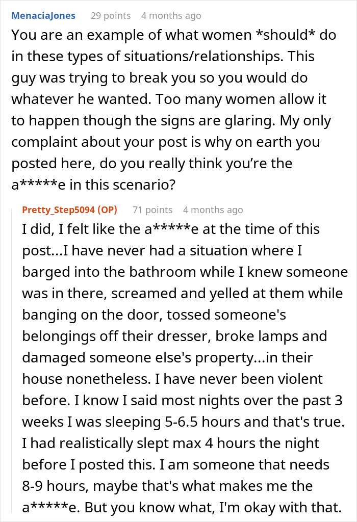 Reddit conversation showing a woman describing sleep deprivation by boyfriend for three weeks causing emotional breakdown. Reddit conversation showing a woman describing sleep deprivation by boyfriend for three weeks causing emotional breakdown.