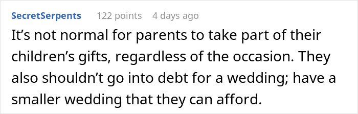 Comment discussing parents demanding wedding gifts, stating it's not normal and suggesting a more affordable wedding option.