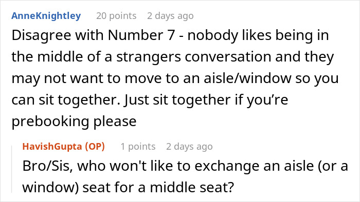 Reddit comments discussing flight seating preferences, mentioning middle seats and aisle/window preferences.