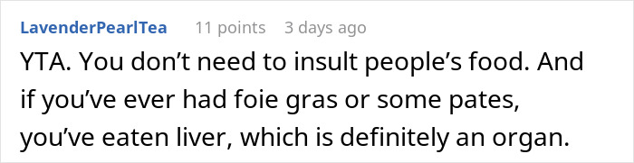 Comment criticizing a man for calling his girlfriend's cultural food disgusting, highlighting the importance of respect.