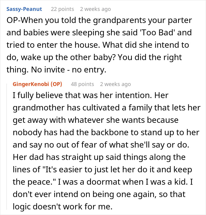 Text conversation about a couple refusing a surprise visit during babies' nap, in-laws claiming disrespect. Text conversation about a couple refusing a surprise visit during babies' nap, in-laws claiming disrespect.