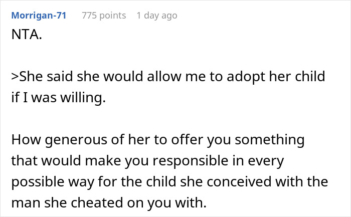 Comment discussing a dad's refusal to support child from ex's affair, noting implications of adopting the child. Comment discussing a dad's refusal to support child from ex's affair, noting implications of adopting the child.