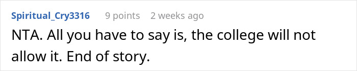 Reddit comment saying not to share college dorm room with sister and her baby due to college rules.