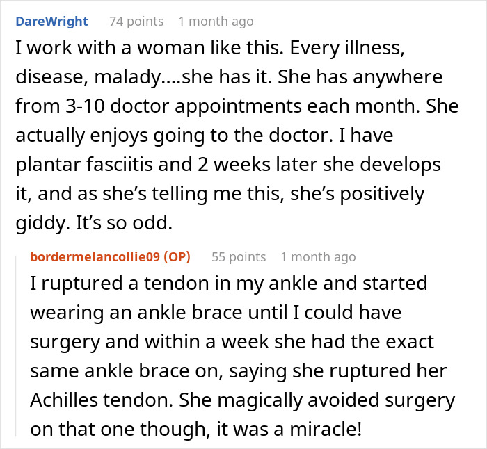 Reddit comment about woman claiming multiple diseases, colleague's frustration shared.