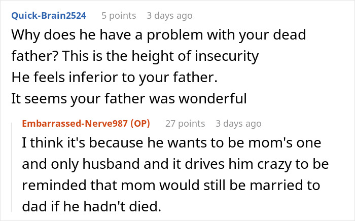 Discussion about controlling stepdad's insecurities compared to deceased father on a forum thread. Discussion about controlling stepdad's insecurities compared to deceased father on a forum thread.