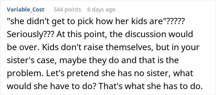 Screenshot of a text comment about a woman babysitting her brother's kids but not her sister's.