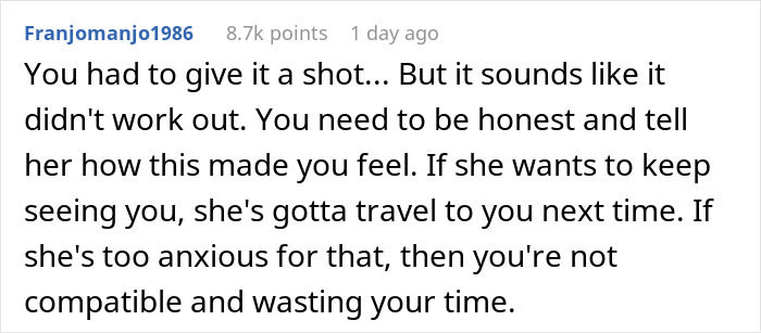 Comment advising honesty in long-distance relationship after an expensive trip ends poorly.