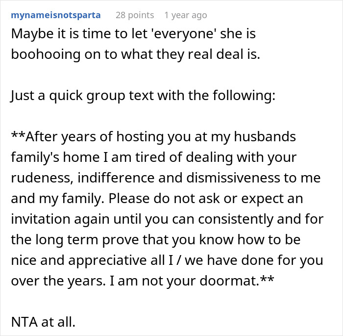 A woman refuses to invite her entitled sister to Easter vacation, expressing frustration with past behavior.