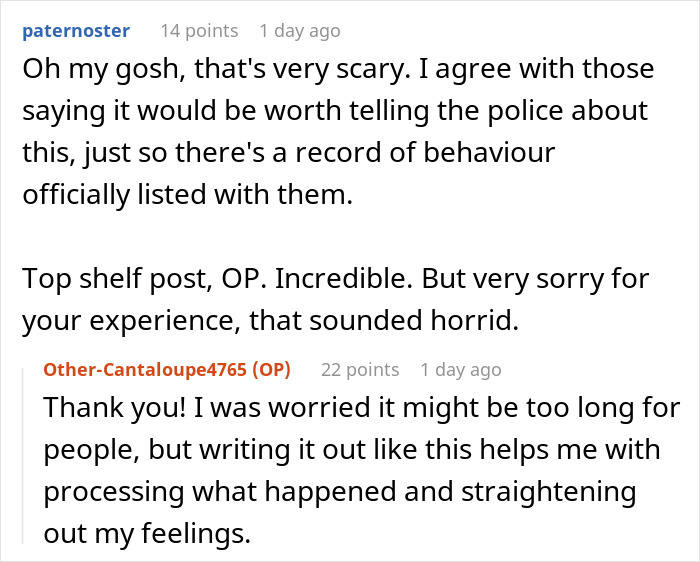 Reddit comments discuss a woman's clever escape from a scary situation with a delusional client.