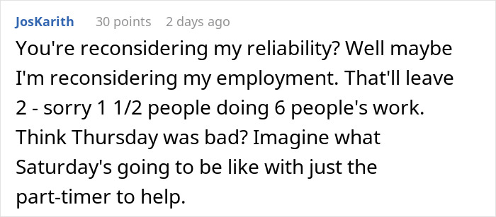 Employee responds to boss firing half the team, questioning reliability and workload expectations. Employee responds to boss firing half the team, questioning reliability and workload expectations.