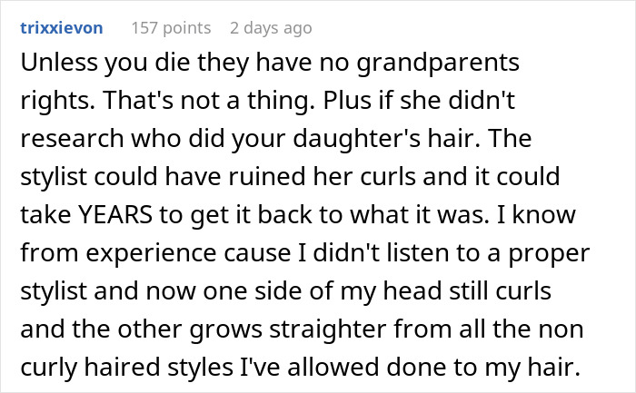 Comment discussing unauthorized haircut affecting child's curls and lack of grandparent rights.