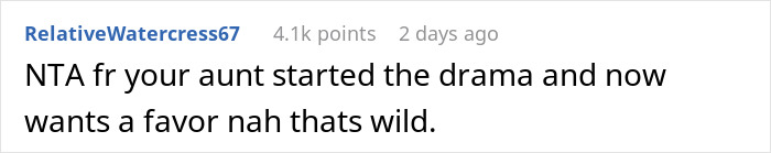 Screenshot of an online comment highlighting drama started by an aunt when niece refuses to babysit her kids.