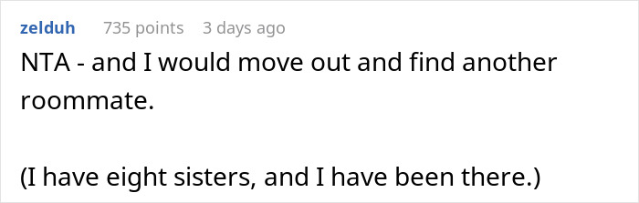 Comment suggesting moving out after sister destroyed clothes.