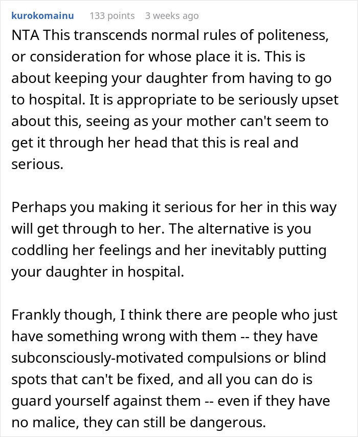 Comment discussing a grandmother threatening granddaughter&rsquo;s life over nuts and receiving a strong reality check in a serious family dispute.
