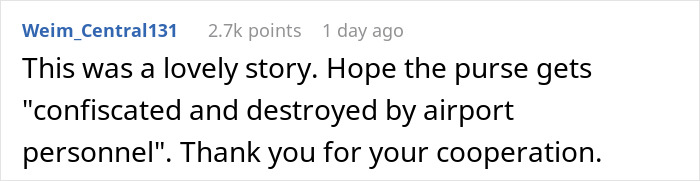 Comment about a woman's lost purse as revenge against rude plane passenger.