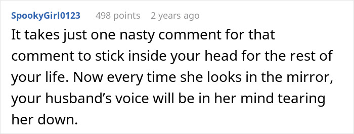 Comment highlighting the lasting impact of fat-shaming on a 13-year-old girl and family conflict over parenting choices.