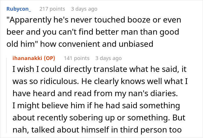 Reddit user discussing long-lost grandfather&rsquo;s character and inheritance based on diaries and personal accounts.