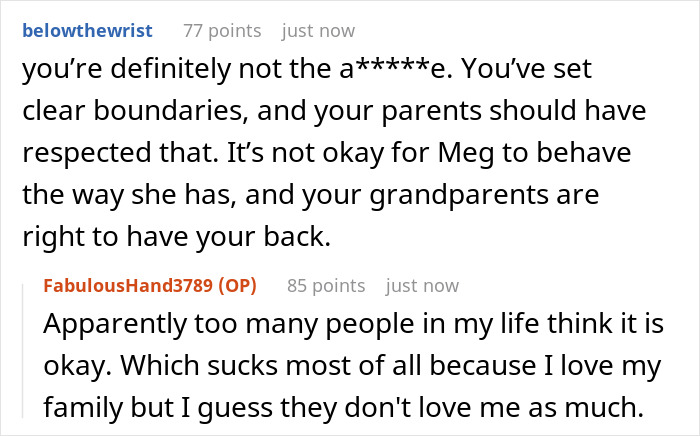 Reddit comments discussing teen harassment, emphasizing family boundaries and support against a sister's friend.