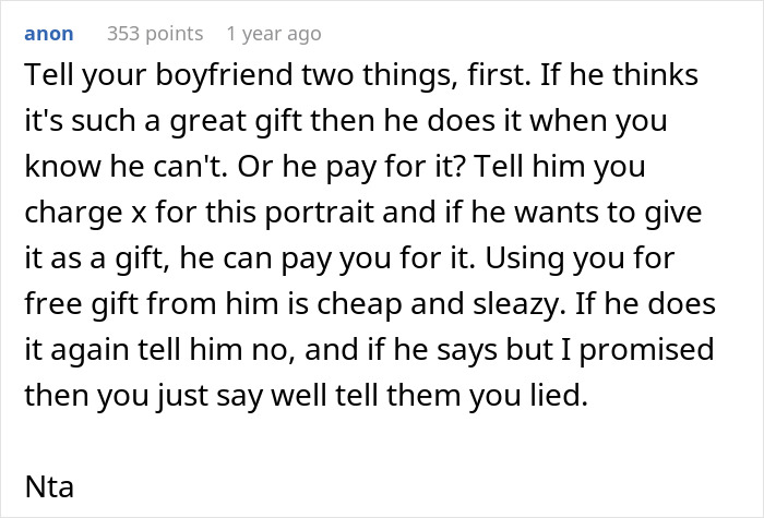 Commentary on portrait drawing request and AI replacement suggestion.