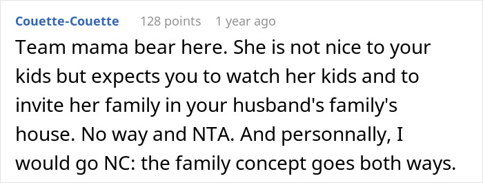 Reddit comment siding with a woman refusing to invite her entitled sister to Easter vacation.