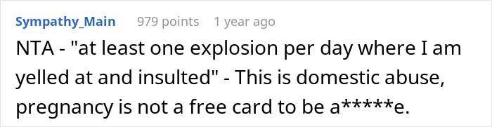 Comment discusses domestic abuse in a relationship, emphasizing it's unacceptable during pregnancy.