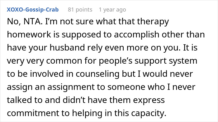Comment discussing concerns about husband as therapist and the impact of therapy homework on the wife at home. Comment discussing concerns about husband as therapist and the impact of therapy homework on the wife at home.