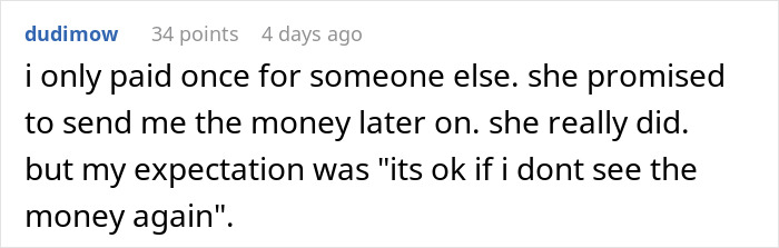 Text from a comment discussing a good deed and expectations about repayment.