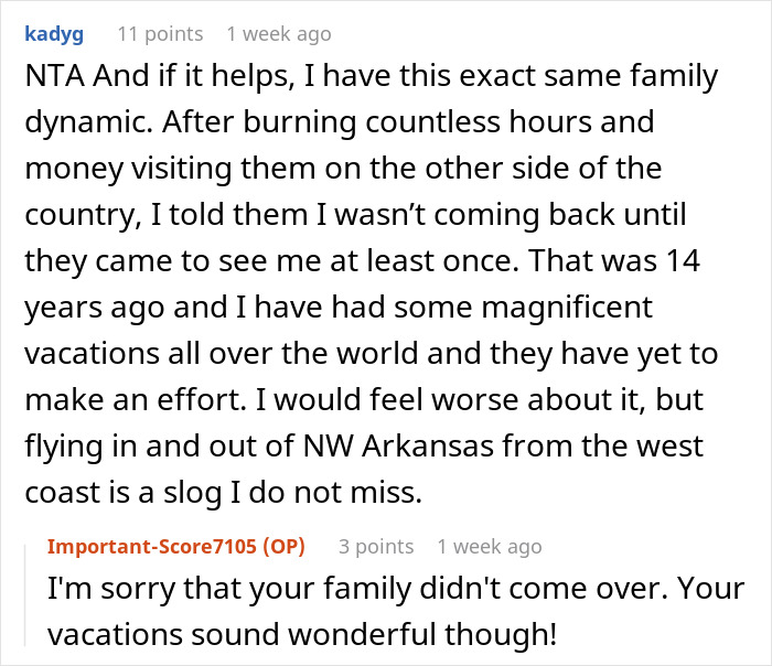 Comment discussing family visits and decision to stop visiting siblings, nieces, and nephews.