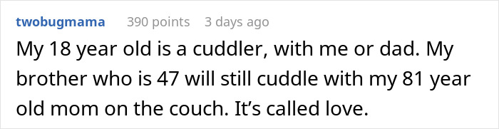 Text comment about teen boy cuddling with dad, highlighting family love and affection.