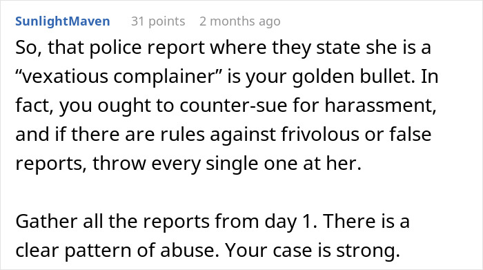 Text from a forum advising on dealing with a vexatious neighbor lawsuit. Text from a forum advising on dealing with a vexatious neighbor lawsuit.