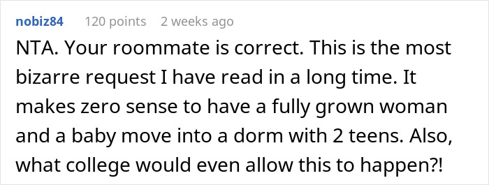 Reddit comment discussing refusal to share a college dorm room.