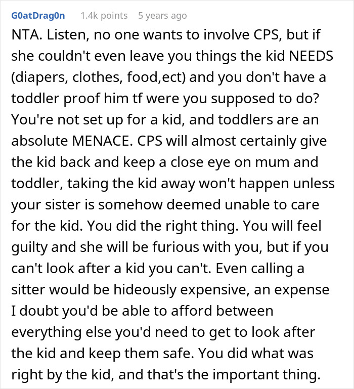 Reddit comment discussing involvement with Child Services for toddler care concerns.