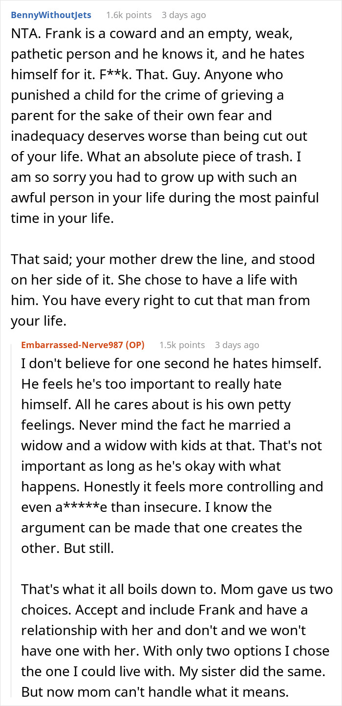 Discussions on a mom's demand for kids to accept a controlling stepdad, leading to family estrangement. Discussions on a mom's demand for kids to accept a controlling stepdad, leading to family estrangement.