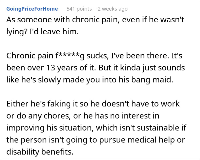 Reddit comment discussing chronic pain and its impact on relationships and chores.
