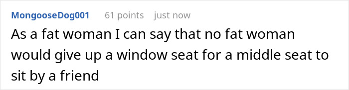 Comment discussing window seat swap involving revenge. Comment discussing window seat swap involving revenge.