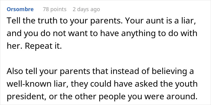 Comment advising to be honest with parents about aunt causing drama and refusing to babysit, highlighting family conflict keywords.