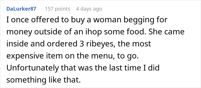 Text snapshot of a person sharing an unintended charity experience online.