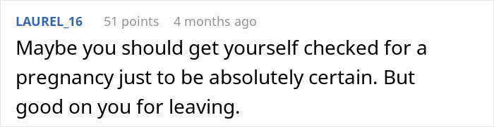 Comment discussing pregnancy and leaving, related to MIL and birth control jokes.